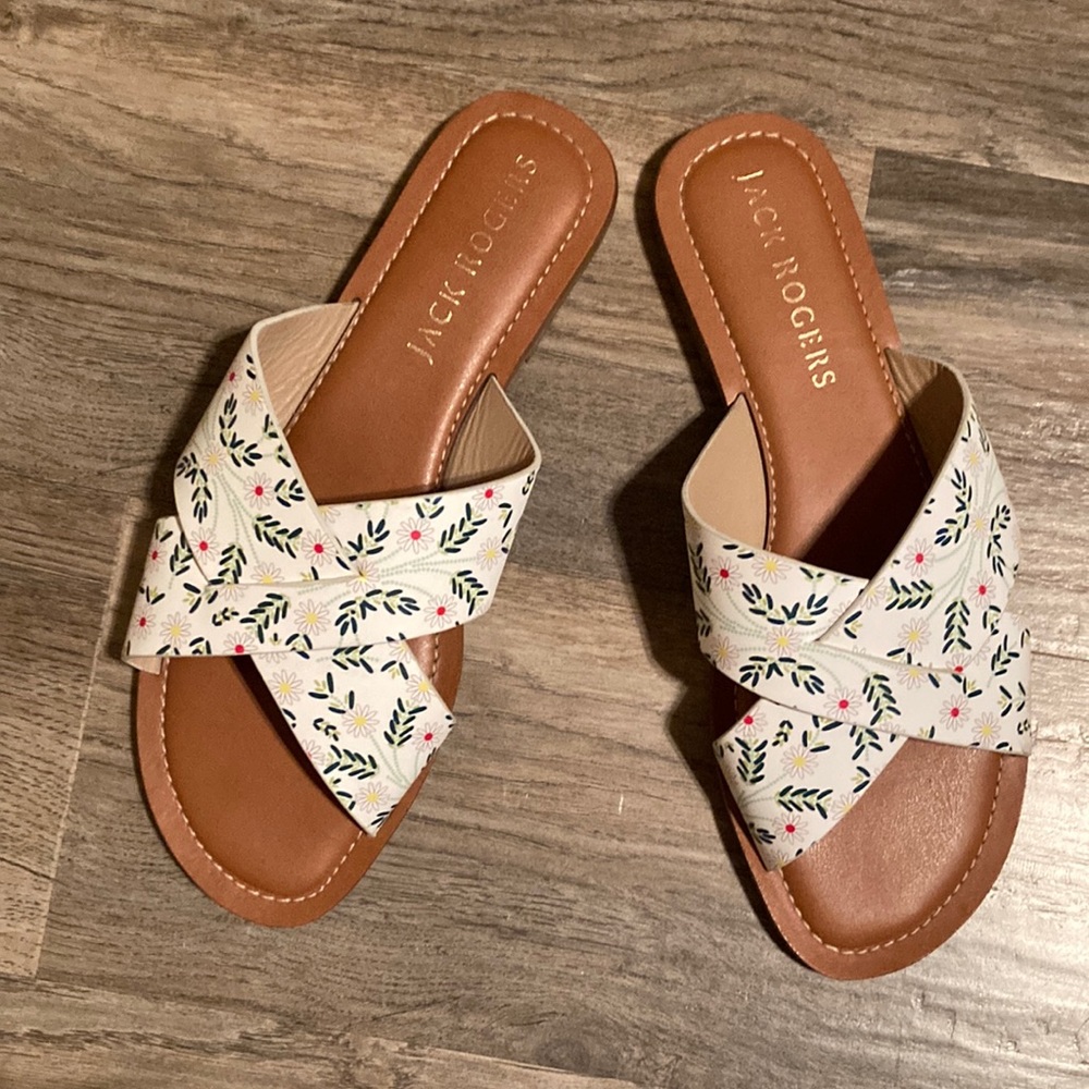 Jack Rogers Flowered Criss Cross Leather Slides